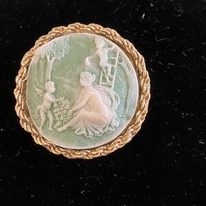 Vintage Gold and Green Cameo Brooch